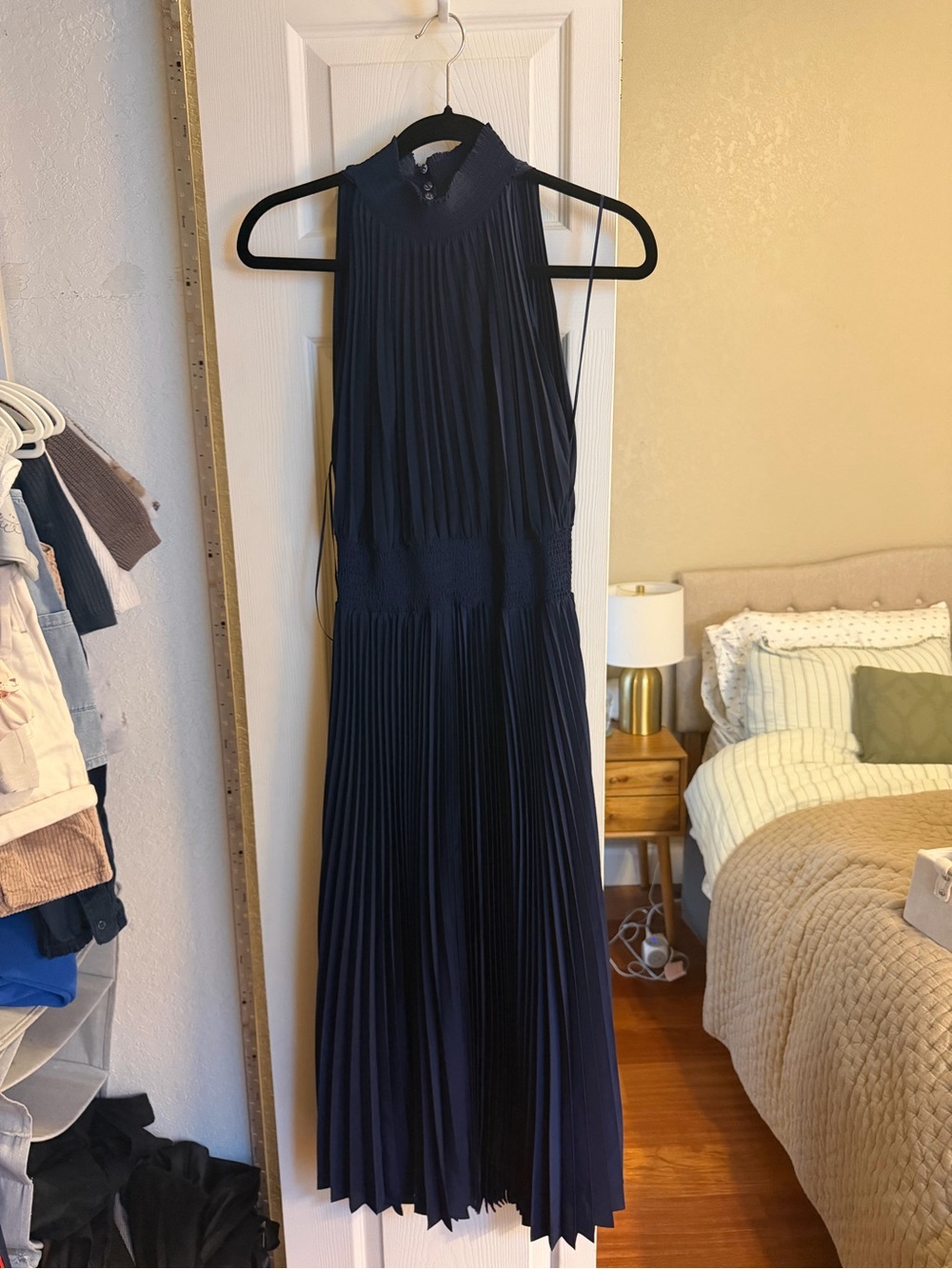 MARINA Navy Pleated Halter Maxi Dress